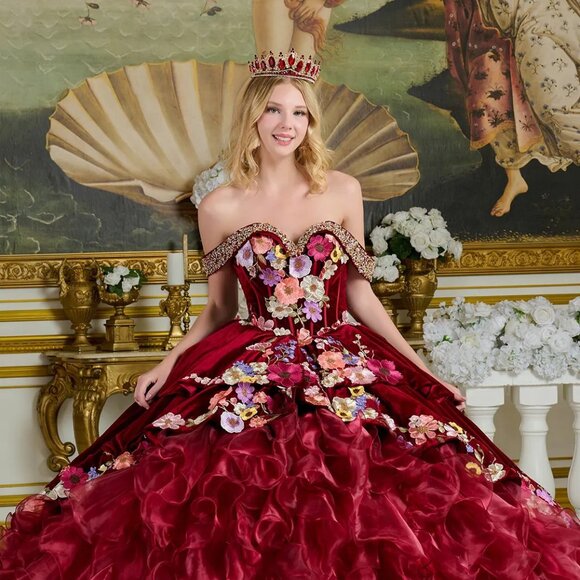 New Floral Lace Embellished Maxi Quinceanera Velvet Gown w/ Lace Up Back GL3638 - Picture 1 of 15